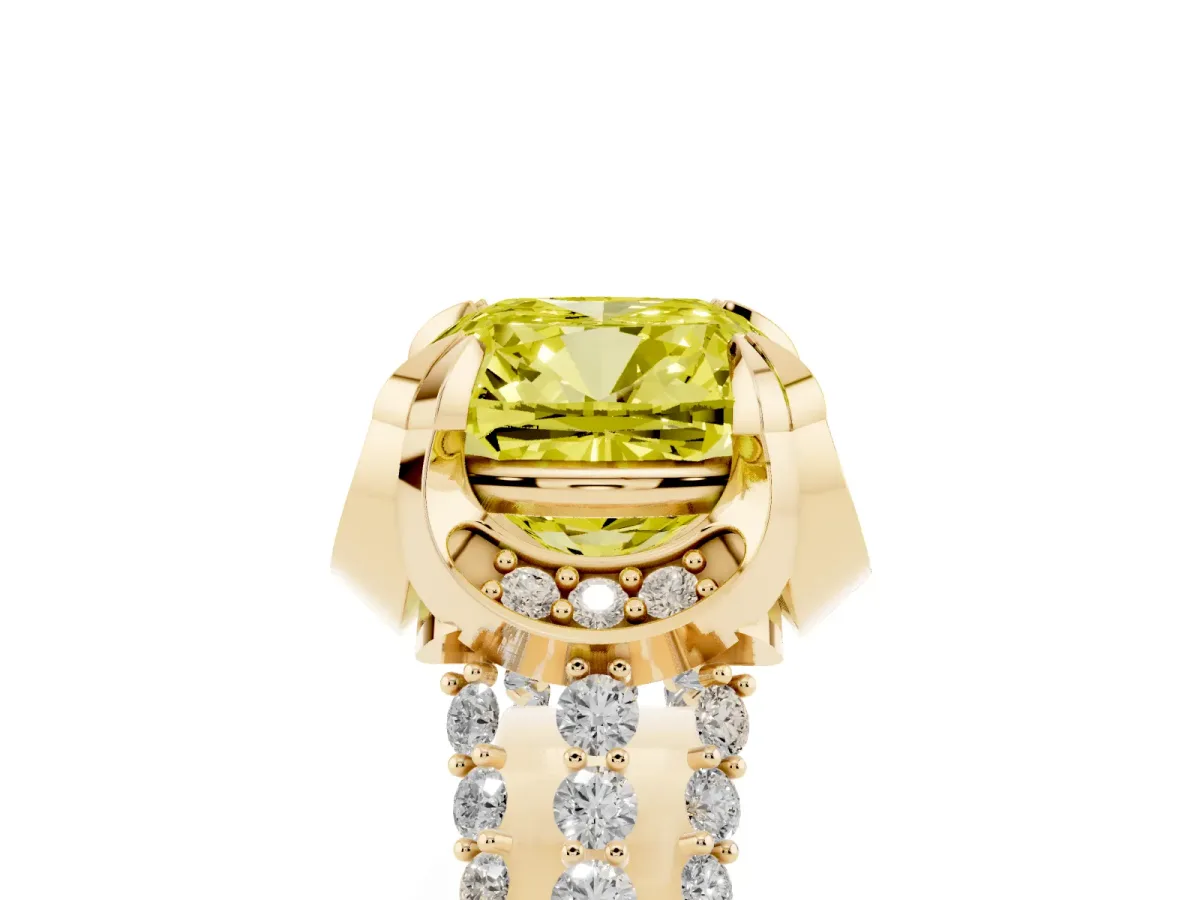 Fancy Yellow Cushion Cut Solitaire Pave Split Shank Ring with Four-Prong Setting Yellow gold