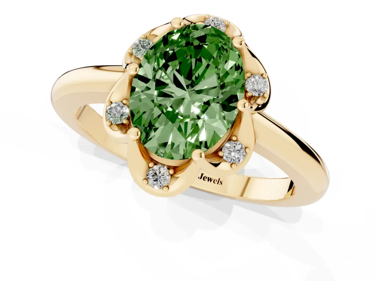 Fancy Green Oval Cut Halo Diamond Ring with Round Cluster Setting, Solitaire Band, and Four-Prong Setting Yellow gold