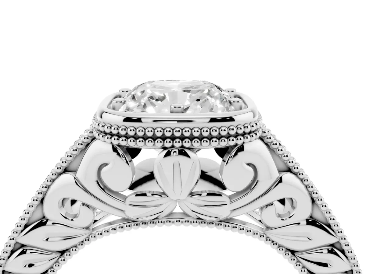 Bezel Set Cushion Cut Diamond Milgrain Pave Engagement Ring White gold