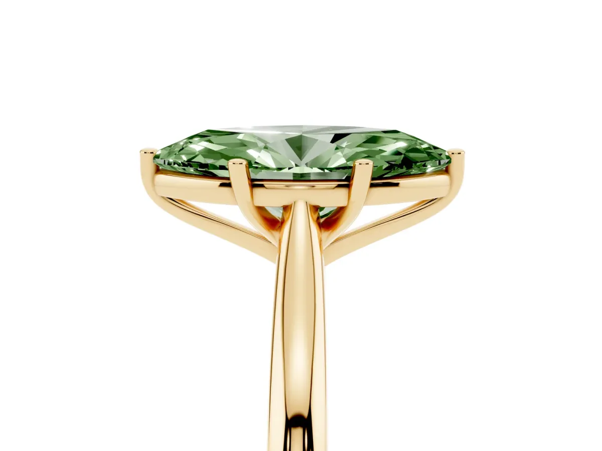 Fancy Green Marquise Cut Cut Solitaire Ring with Cathedral Band and Four-Prong Setting Yellow gold