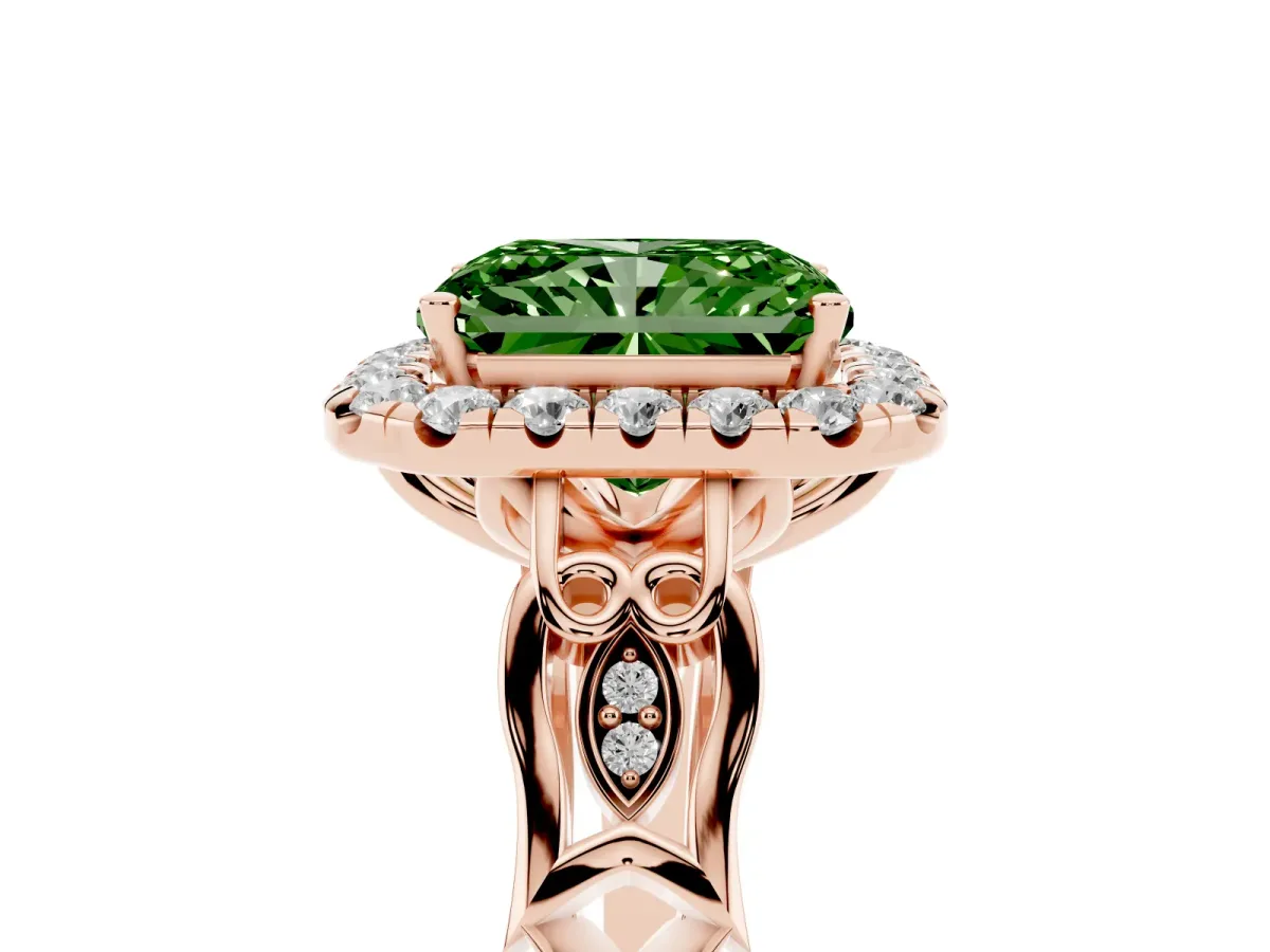 Fancy Green Radiant Cut Halo Diamond Engagement Ring with Filigree Band and Four-Prong Setting Rose gold