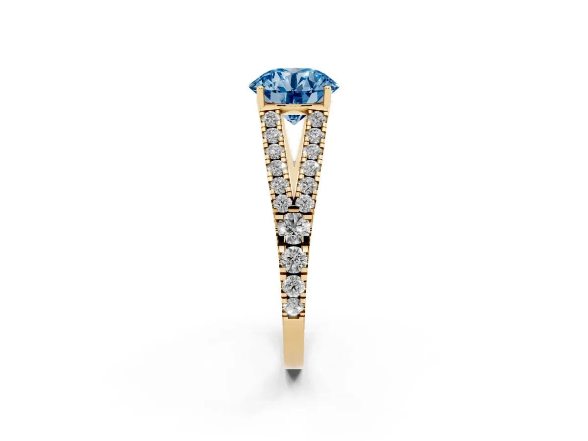 Fancy Blue Round Cut Diamond Split Shank Engagement Ring with Round Pavé and Prong Setting Yellow gold