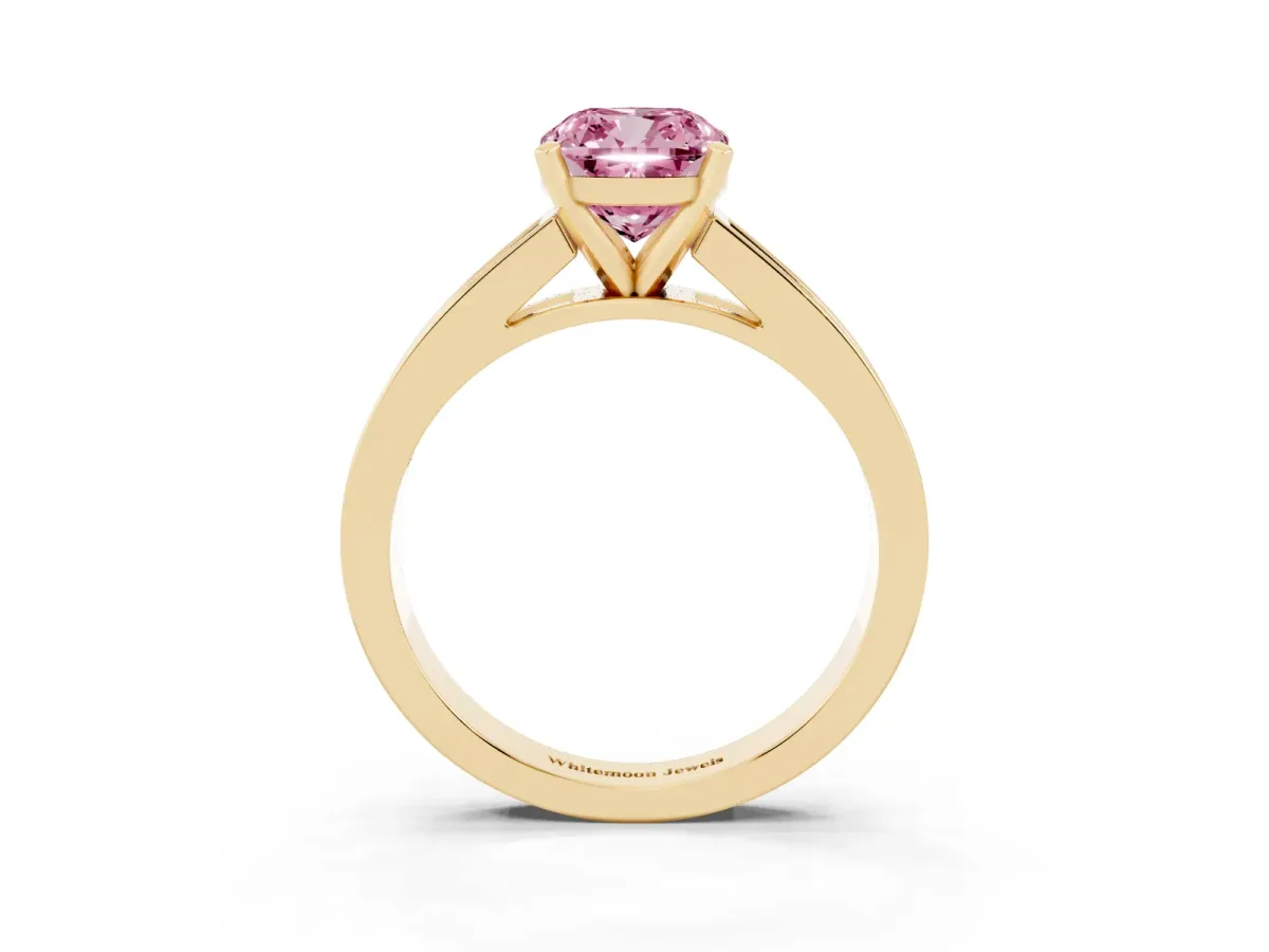 Fancy Pink Cushion Cut Solitaire Diamond Ring with Channel-Set Band and Four-Prong Setting Yellow gold