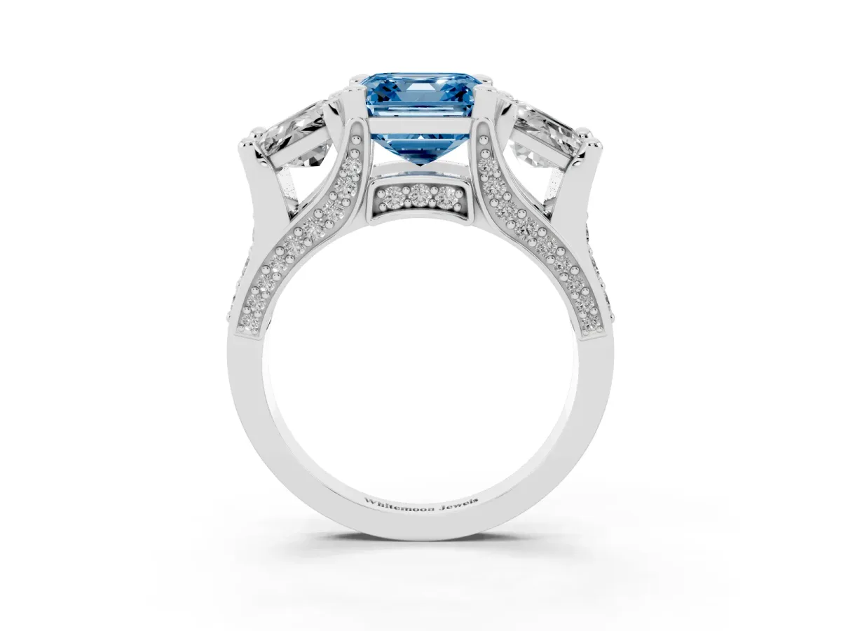 Fancy Blue Asscher Cut Diamond Three-Stone Ring with Channel Set Band and Four-Prong Setting Silver
