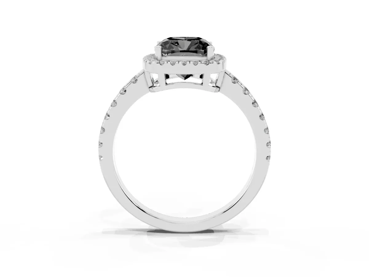 Fancy Black Cushion Cut Diamond Halo Ring with Pavé Band and Four-Prong Setting Platinum