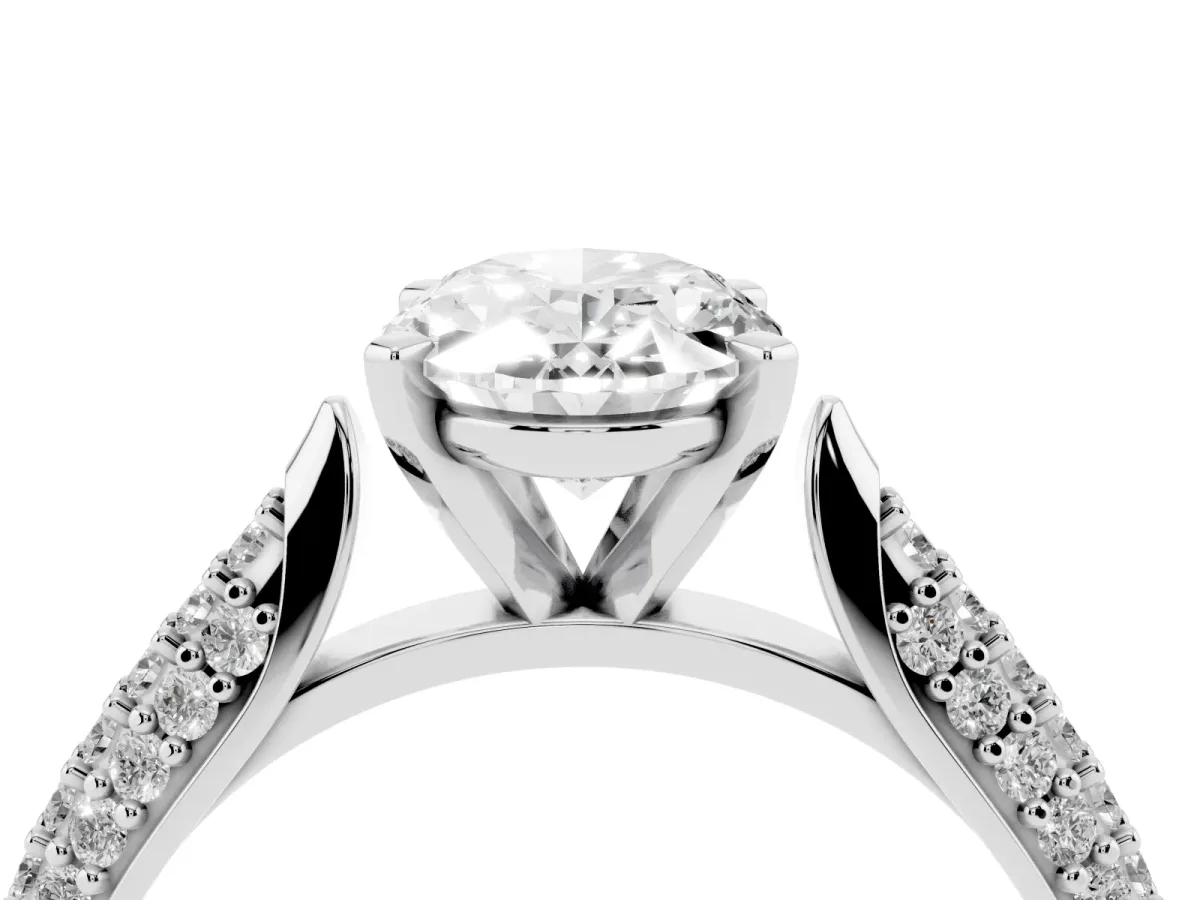 Oval Cut Diamond Solitaire Engagement Ring with Multi-Row Round Pavé Band and Prong Setting Silver