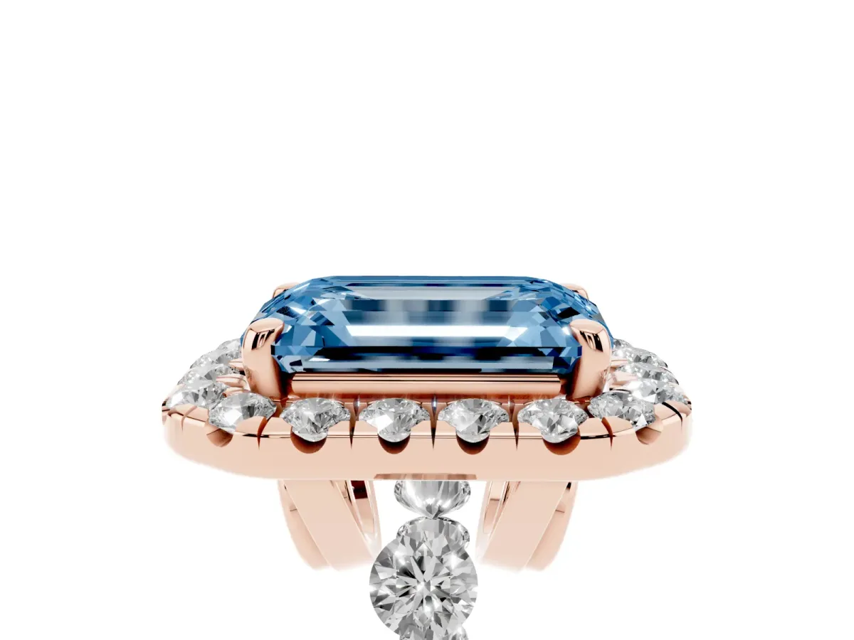 Fancy Blue Emerald Cut Halo Pavé Diamond Engagement Ring with Four-Prong Setting Rose gold