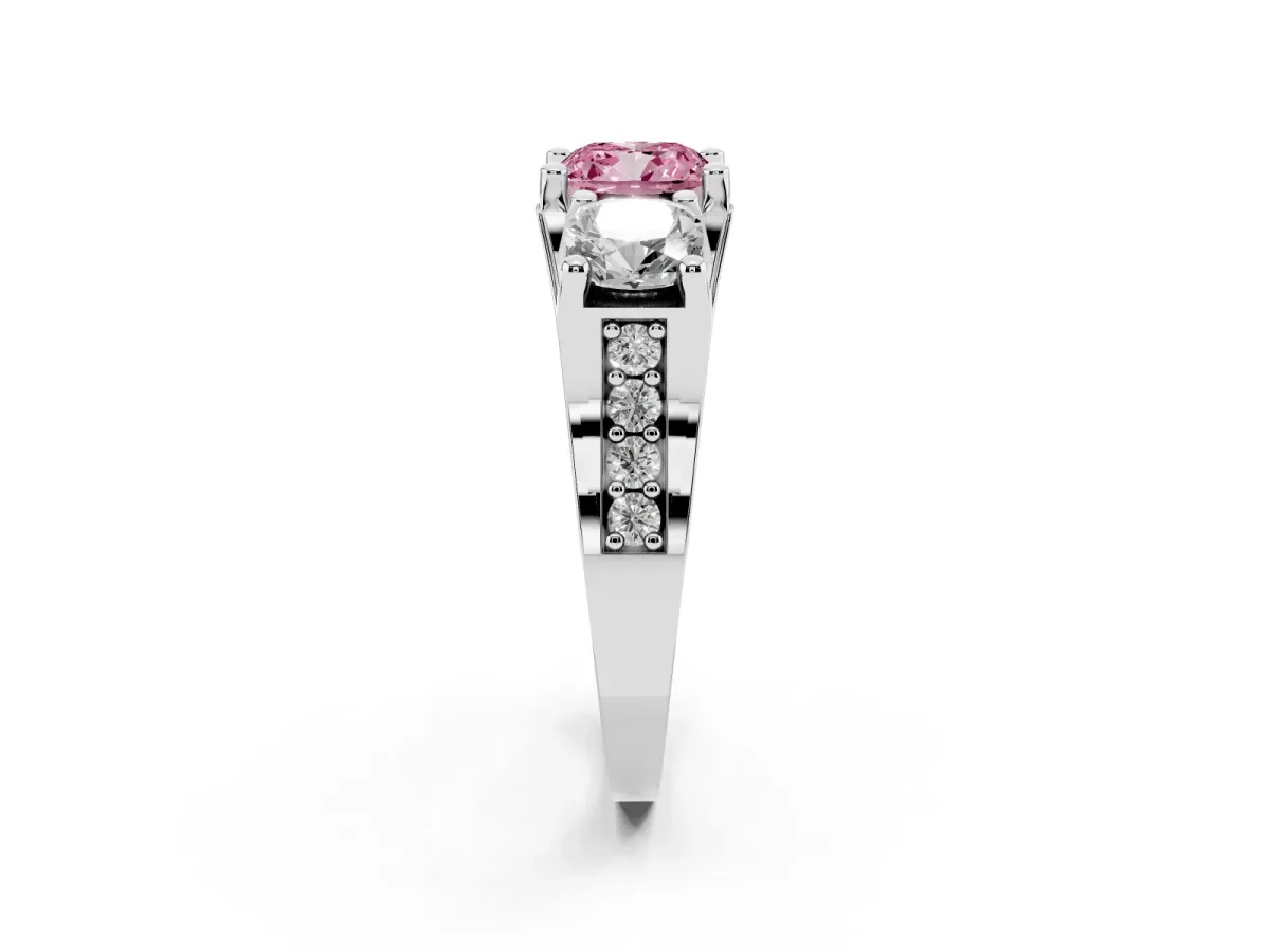 Fancy Pink Cushion Cut Diamond Three-Stone Ring with Channel Set Band and Four-Prong Setting Platinum