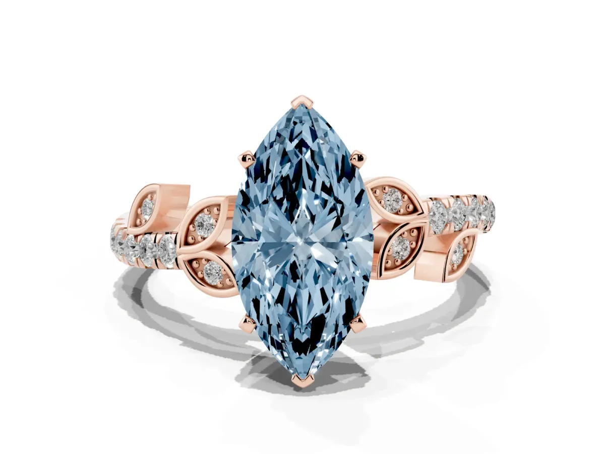 Fancy Blue Marquise Cut Solitaire Leaf-Inspired Diamond Ring with Pavé Band and Four-Prong Setting Rose gold