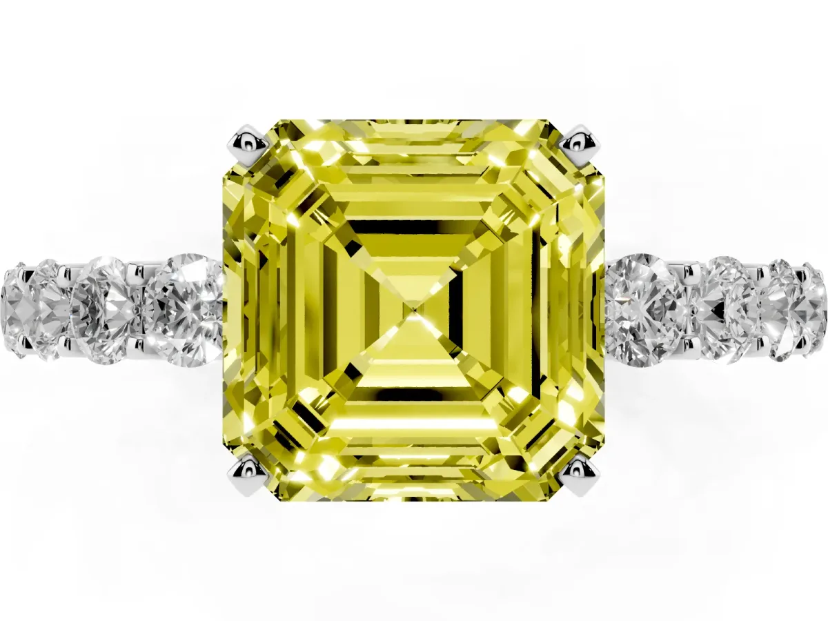 Fancy Yellow Asscher Cut Diamond Solitaire Ring with Shared Prong Pavé Band and Four-Prong Setting Silver