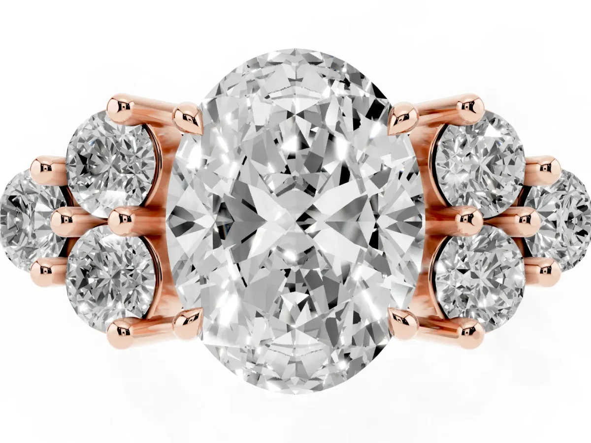 Oval Cut Brilliant Diamond Cluster Accent Solitaire Ring with Prong Setting Rose gold
