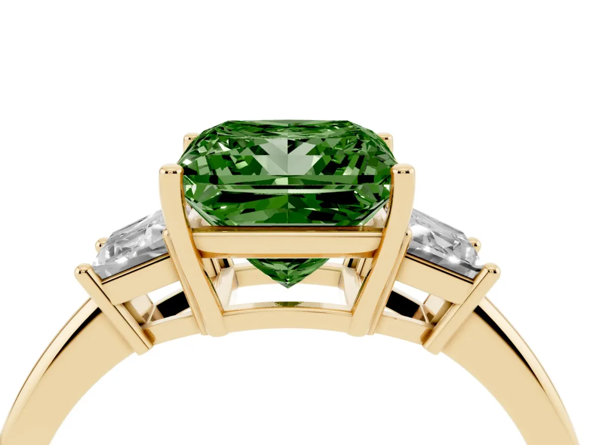 Fancy Green Princess Cut Diamond Three-Stone Ring with Trapezoid Side Stones and Prong Setting Yellow gold