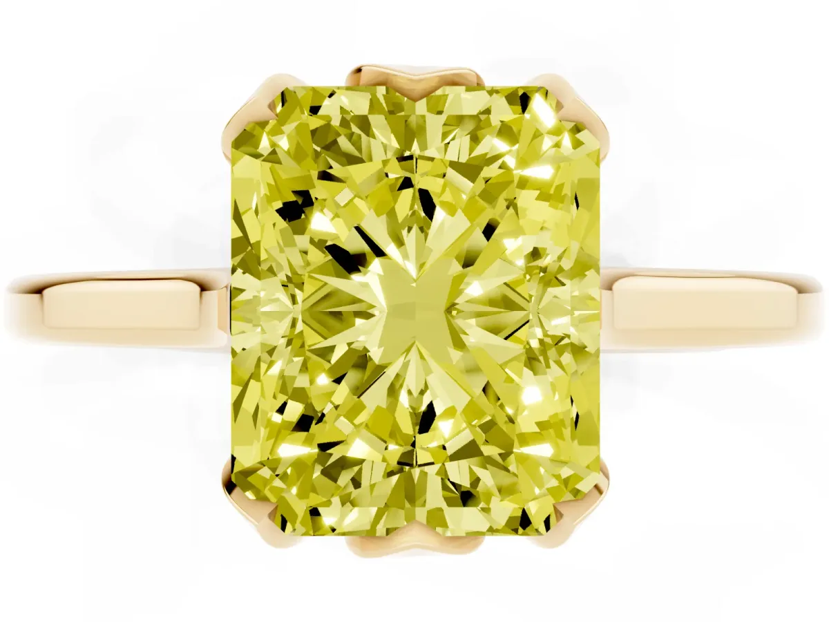 Fancy Yellow Radiant Cut Diamond Solitaire Ring with Flower Prong Setting and Classic Band Yellow gold