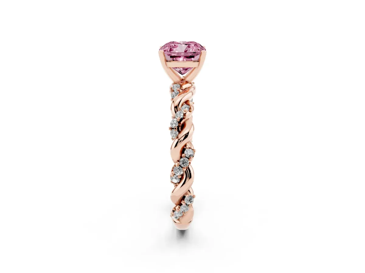 Fancy Pink Cushion Cut Diamond Solitaire Ring with Twisted Band and Pavé Accents Rose gold