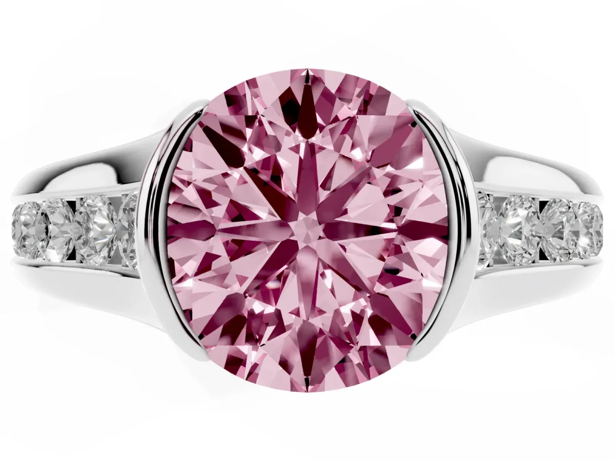 Fancy Pink Round Cut Solitaire Bezel-Set Diamond Ring with Channel-Set Band Platinum