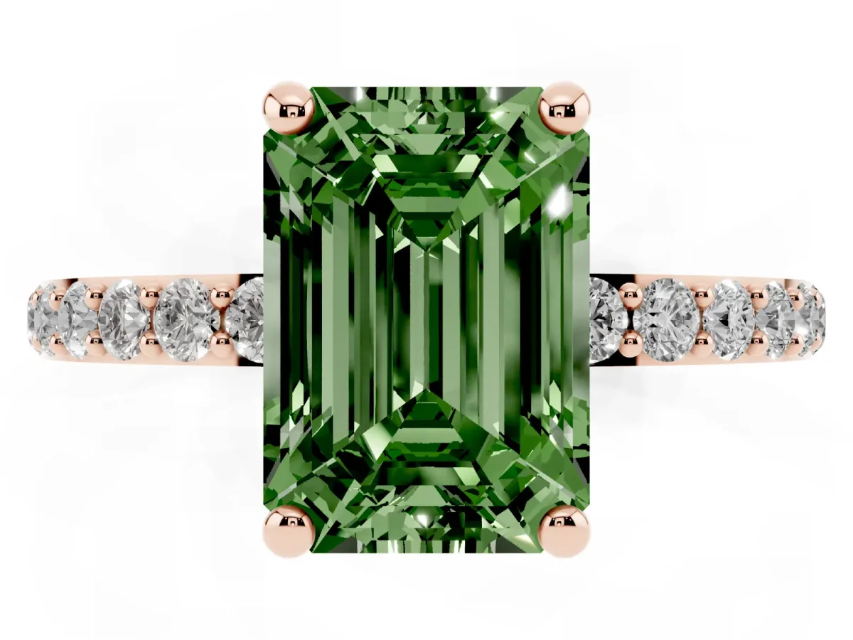 Fancy Green Emerald Cut Diamond Solitaire Ring with Round Pavé Band and Prong Setting Rose gold