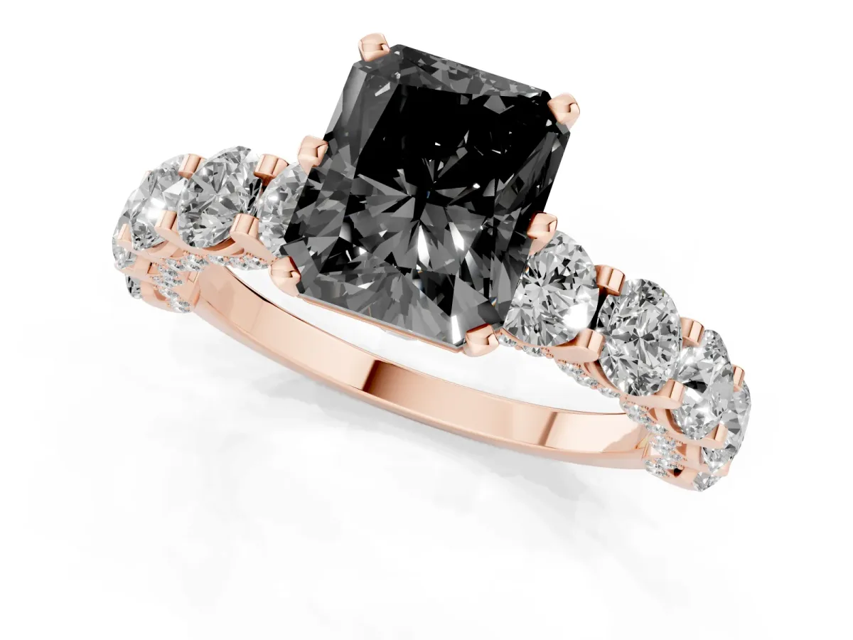 Fancy Black Radiant Cut Diamond Side Stone Engagement Ring with Four-Prong Setting Rose gold