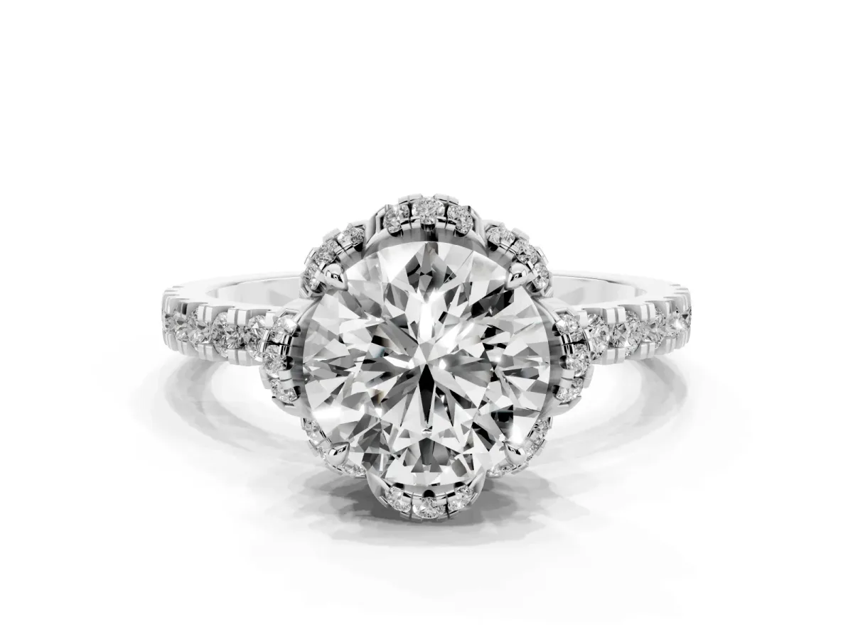 Round Cut Halo Diamond Pave Band Ring with Four-Prong Setting Silver