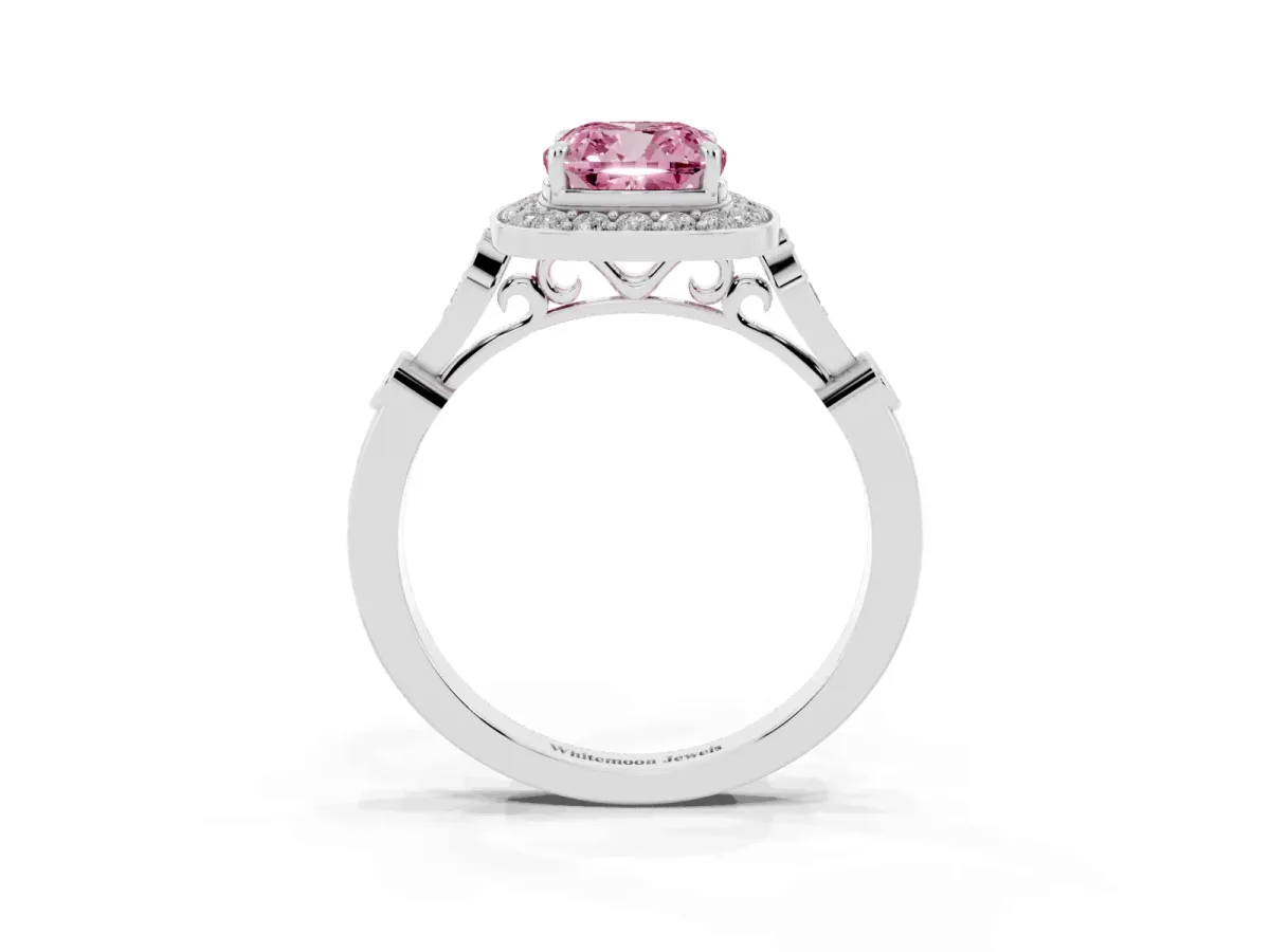 Fancy Pink Cushion Cut Halo Diamond Engagement Ring with Twisted Band and Four-Prong Setting Platinum