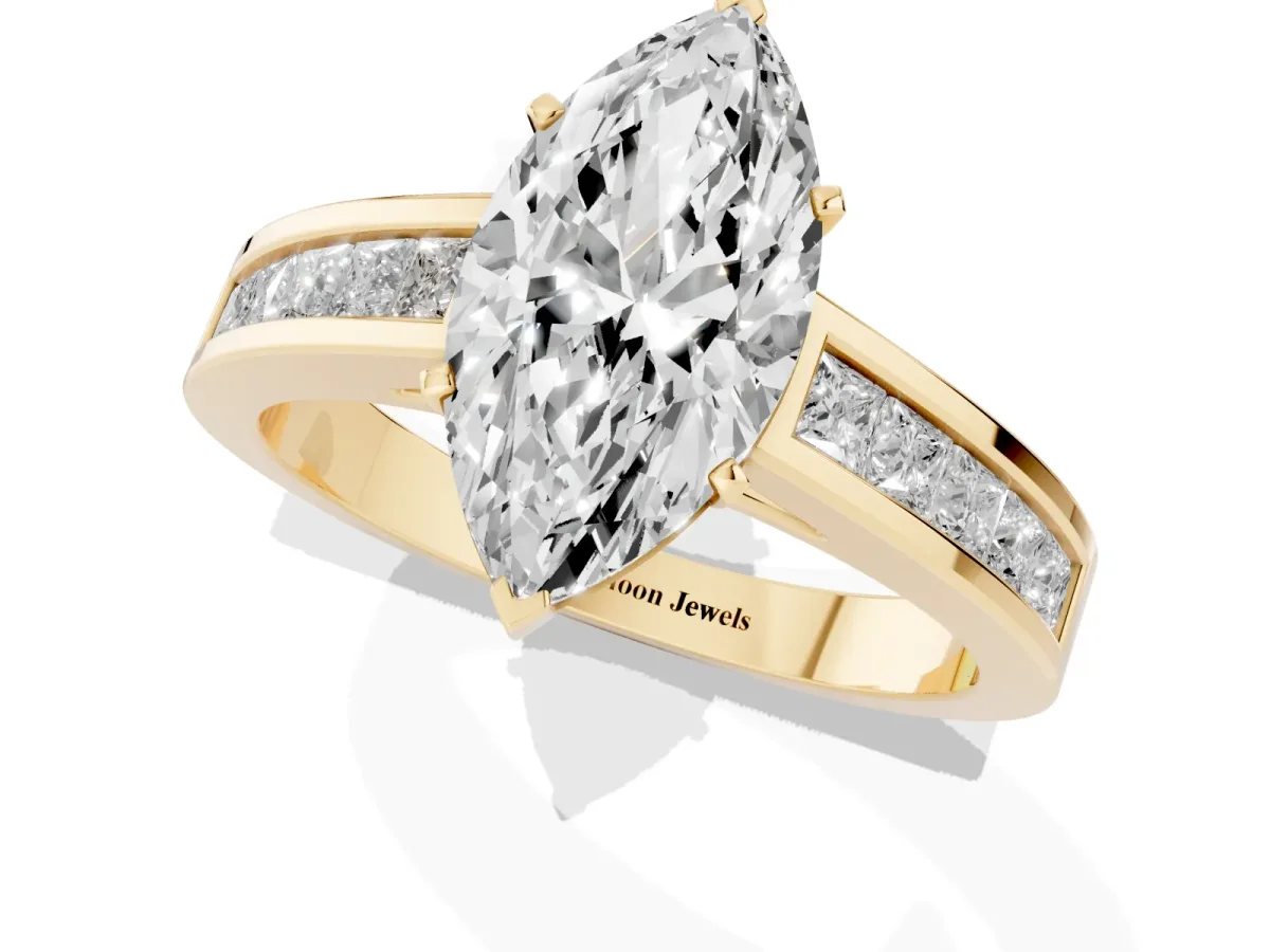Marquise Cut Solitaire Diamond Ring with Channel-Set Band and Four-Prong Setting Yellow gold