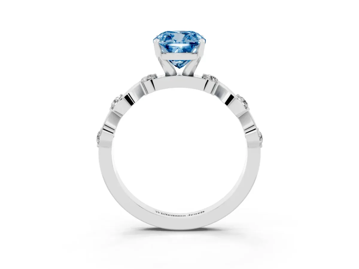 Fancy Blue Cushion Cut Diamond Solitaire Twisted Band with Round Accents and Prong Setting Silver