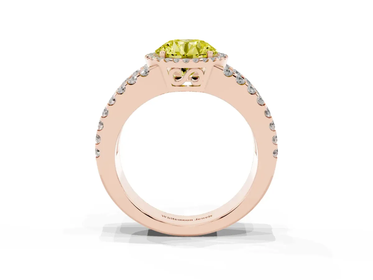 Fancy Yellow Round Cut Cut Halo Split Shank Diamond Ring with Four-Prong Setting Rose gold