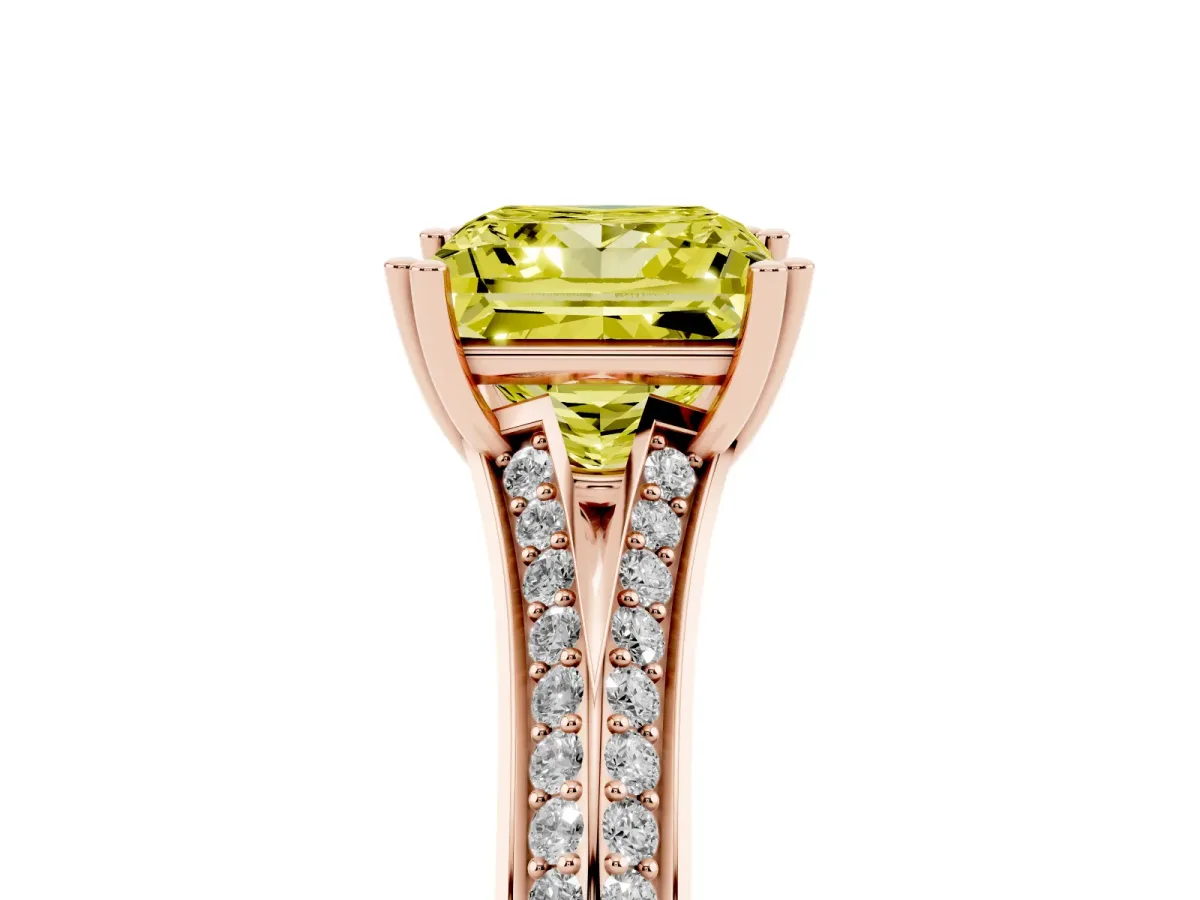 Fancy Yellow Princess Cut Diamond Split Shank Engagement Ring with Pavé Band Rose gold