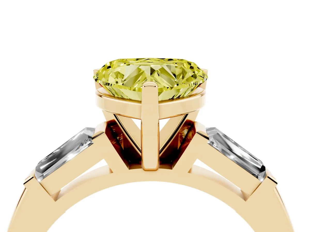 Fancy Yellow Heart Cut Solitaire with Tapered Baguette Side Stones on a Classic Band with Four-Prong Setting Yellow gold