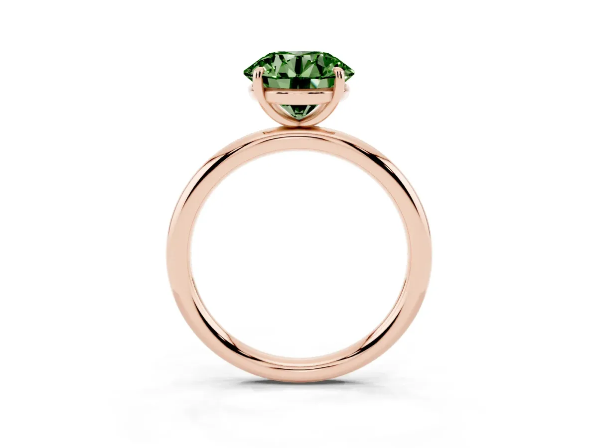 Fancy Green Round Cut Solitaire Diamond Ring with Four-Prong Setting on a Plain Band Rose gold