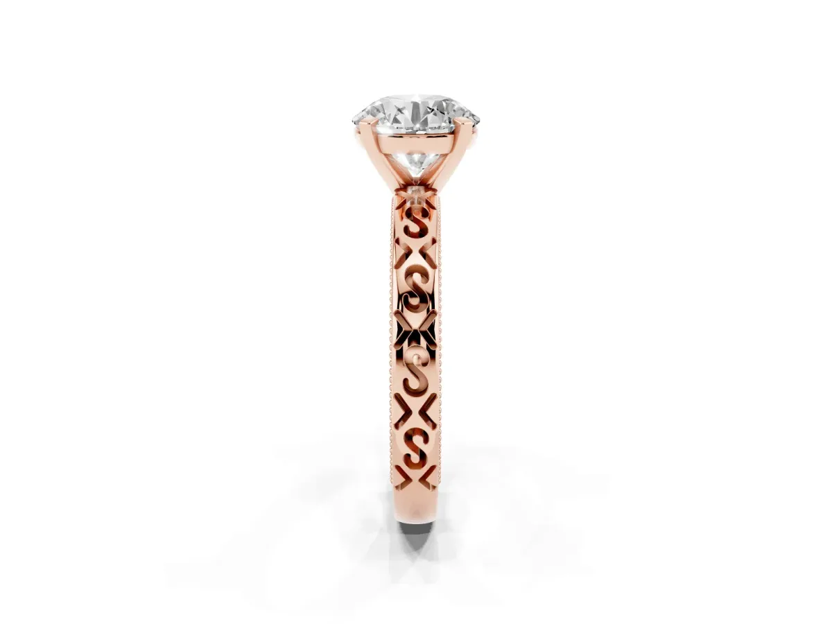 Round Cut Solitaire Engagement Ring with Scrollwork Band and Four-Prong Setting Rose gold