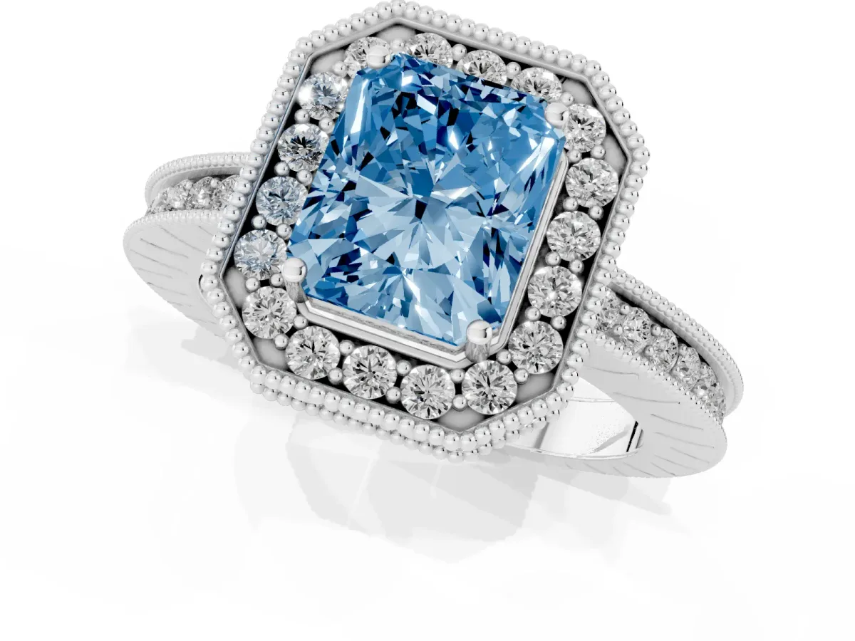 Fancy Blue Radiant Cut Diamond Milgrain Halo Engagement Ring with Round Pavé Band and Prong Setting Platinum