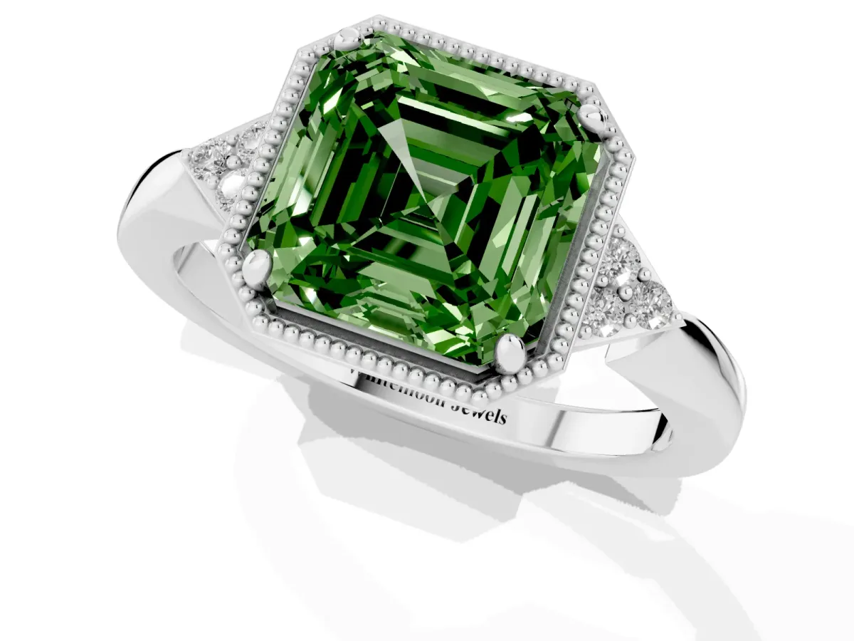 Fancy Green Asscher Cut Diamond Halo Ring with Tapered Band and Four-Prong Setting White gold