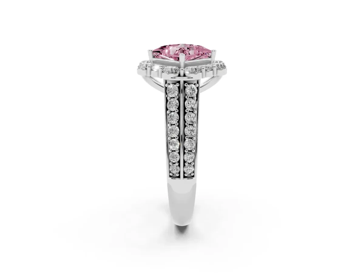 Fancy Pink Princess Cut Halo Diamond Engagement Ring with Split Shank and Prong Setting Silver
