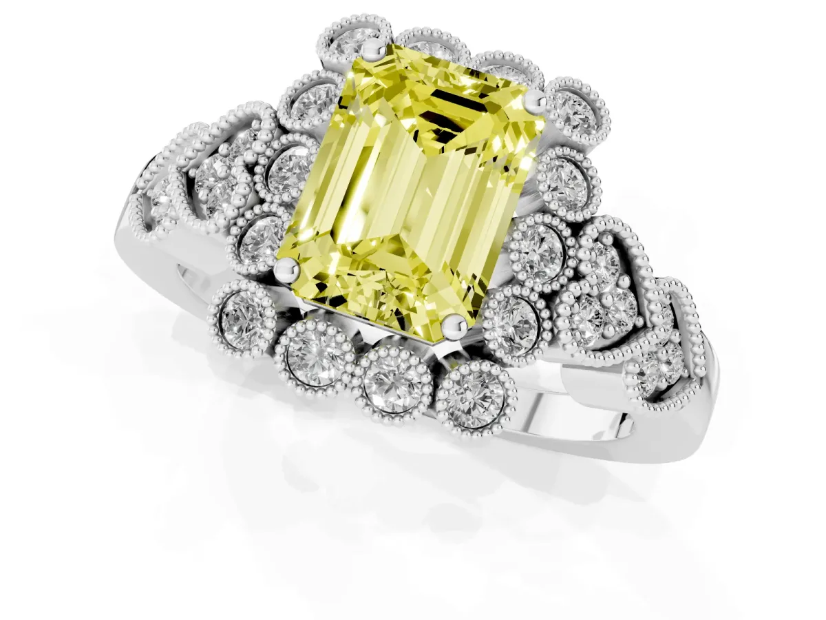 Fancy Yellow Emerald Cut Brilliant Milgrain Pave Heart Band Solitaire Ring Silver
