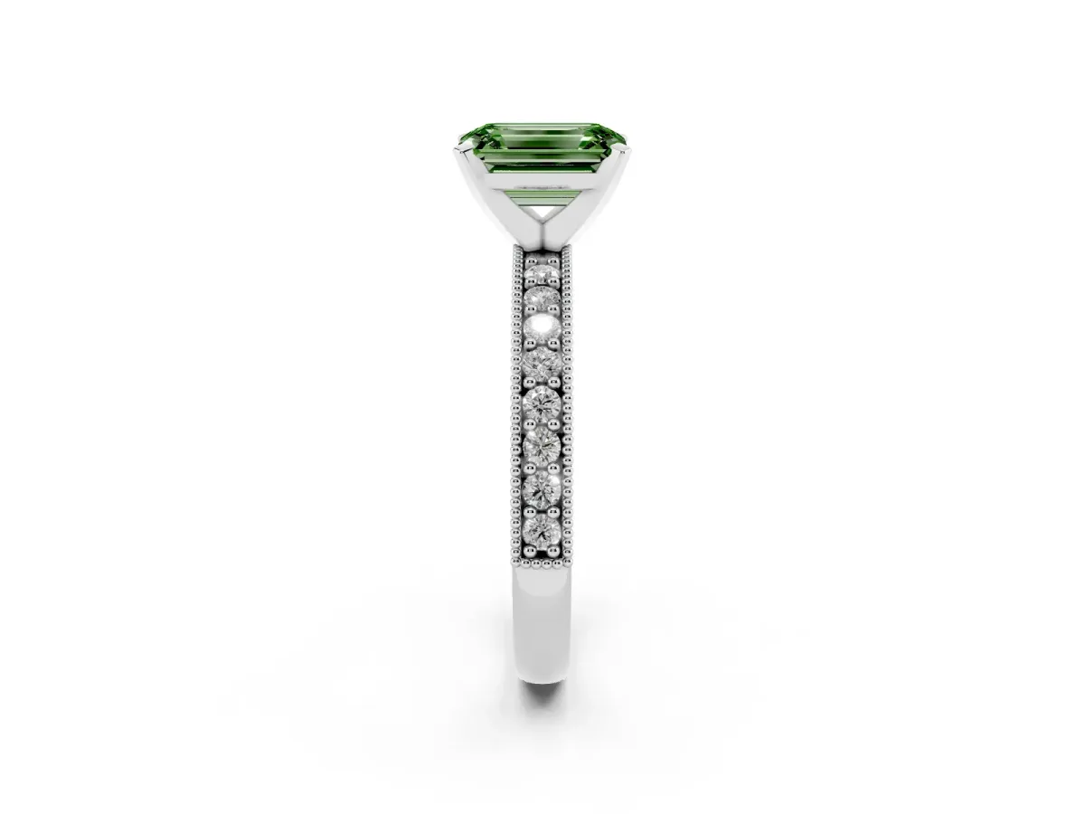 Fancy Green Emerald Cut Diamond Milgrain Pavé Engagement Ring with Four-Prong Setting Silver