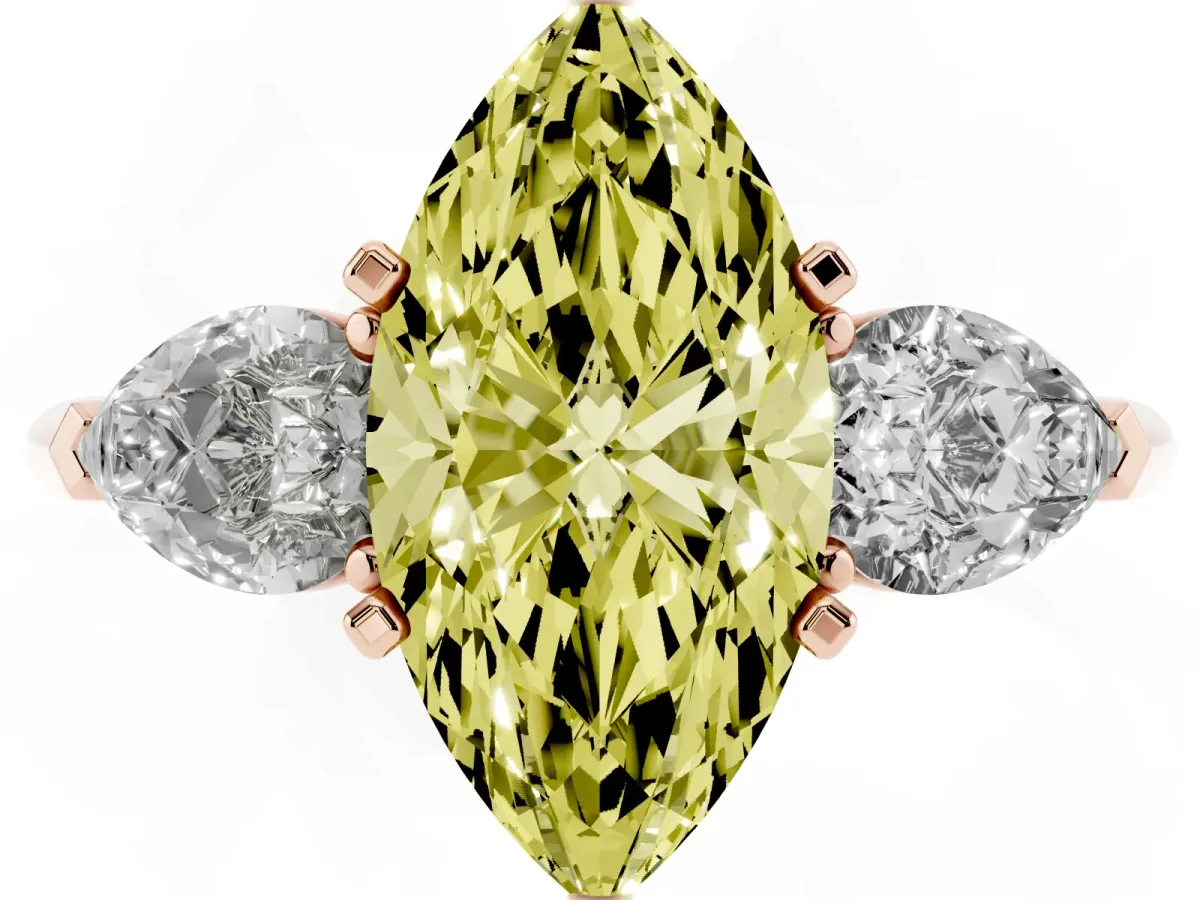 Fancy Yellow Three-Stone Marquise Cut Diamond Ring with Pear Side Stones and Four-Prong Setting Rose gold