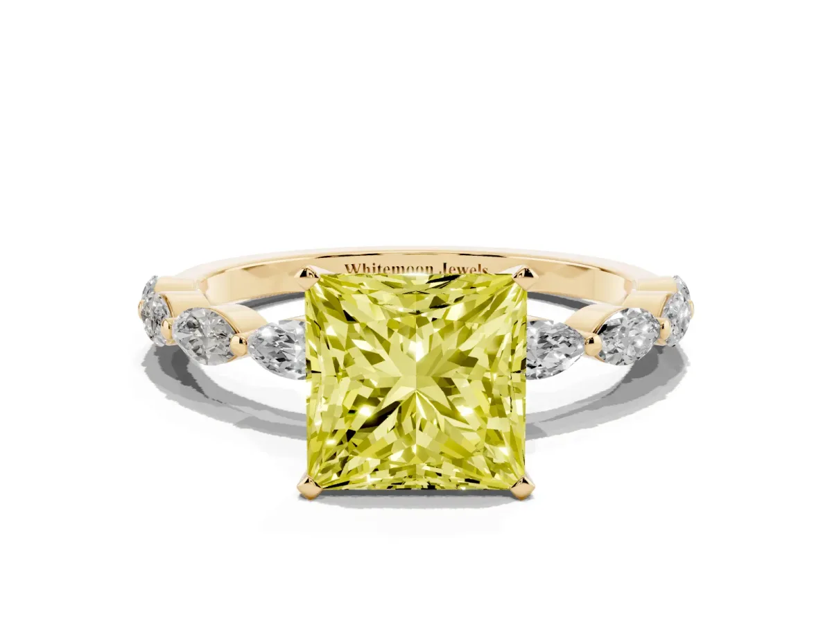 Fancy Yellow Princess Cut Diamond Ring with Marquise Side Stones and Prong Setting Yellow gold