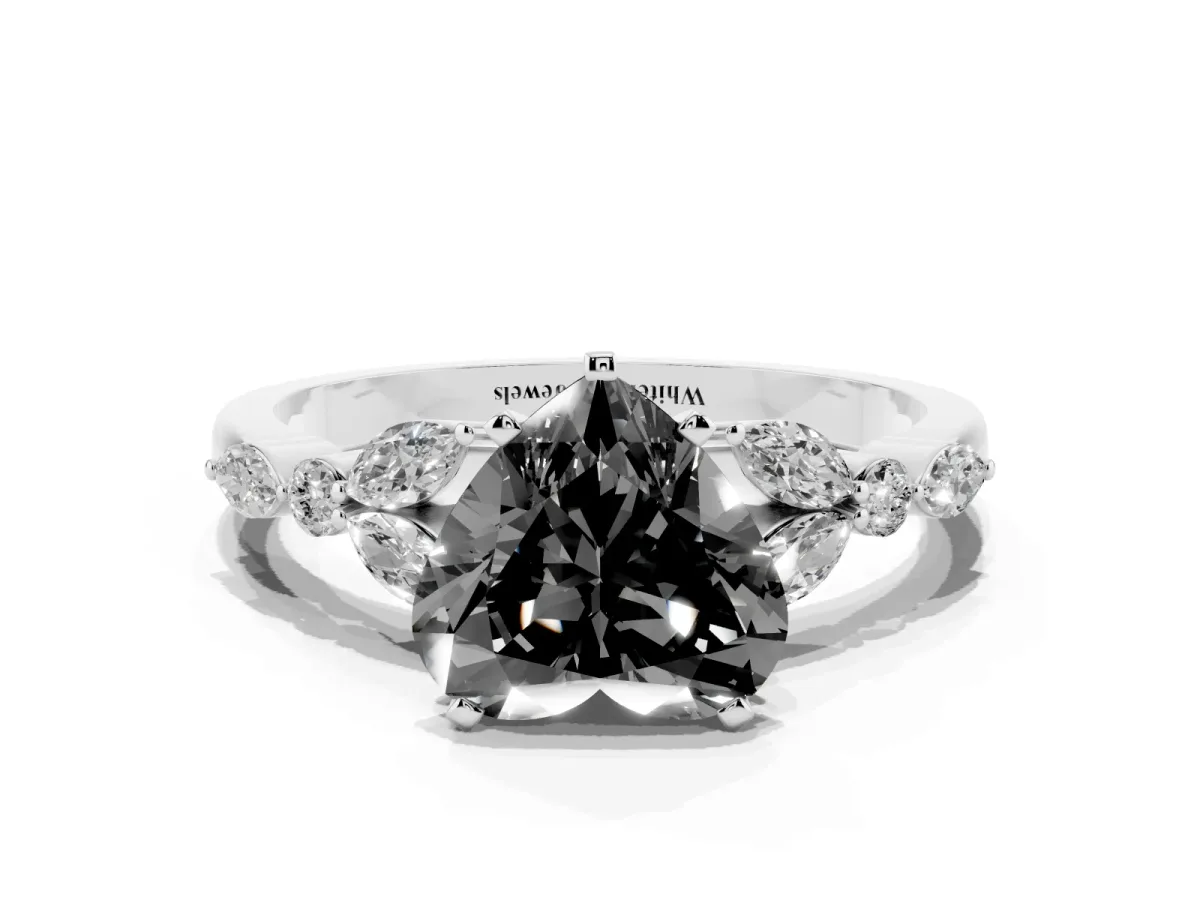 Fancy Black Heart Cut Diamond Solitaire Ring with Side Stones and Four-Prong Setting Silver