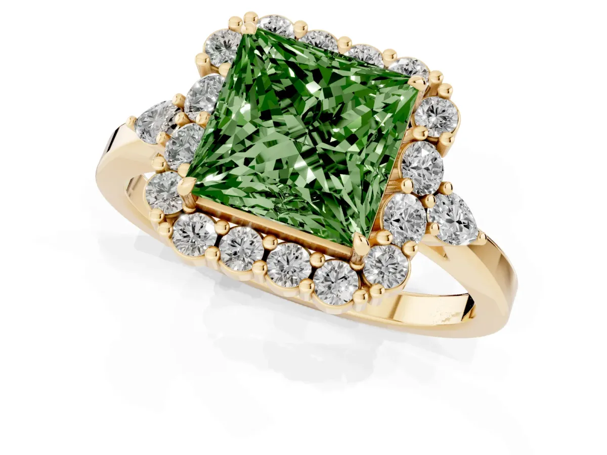 Fancy Green Princess Cut Diamond Halo Ring with Pear Side Stones and Prong Setting Yellow gold