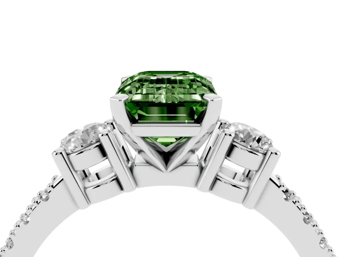 Fancy Green Emerald Cut Three-Stone Diamond Pavé Band with Prong Setting Platinum