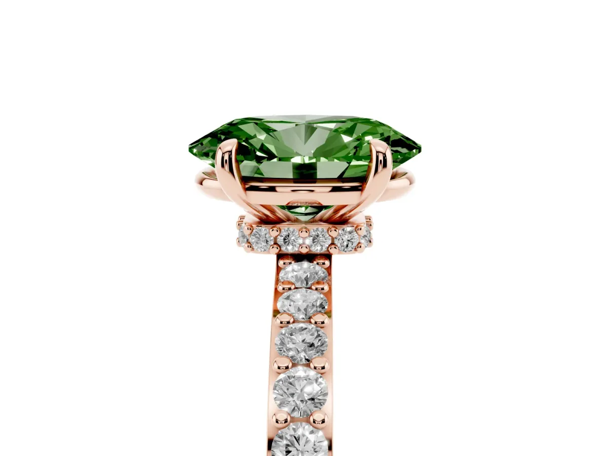 Fancy Green Oval Cut Diamond Pavé Engagement Ring with Round Accents and Prong Setting Rose gold