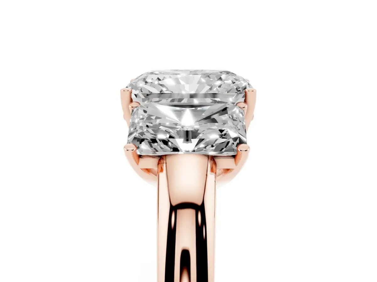 Radiant Cut Diamond Three-Stone Ring with Four-Prong Setting and Classic Band Rose gold