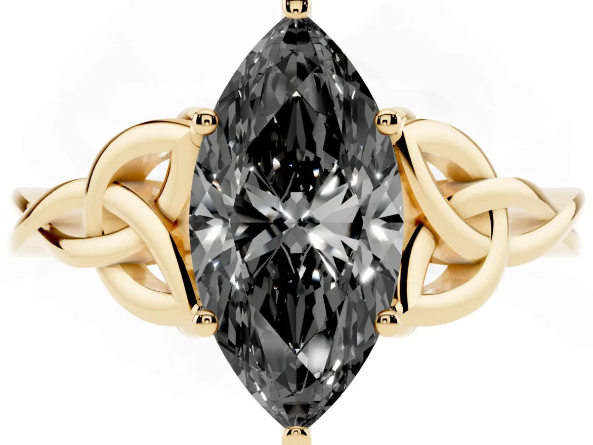 Fancy Black Marquise Cut Diamond Solitaire Engagement Ring with Celtic Knot Band and Four-Prong Setting Yellow gold