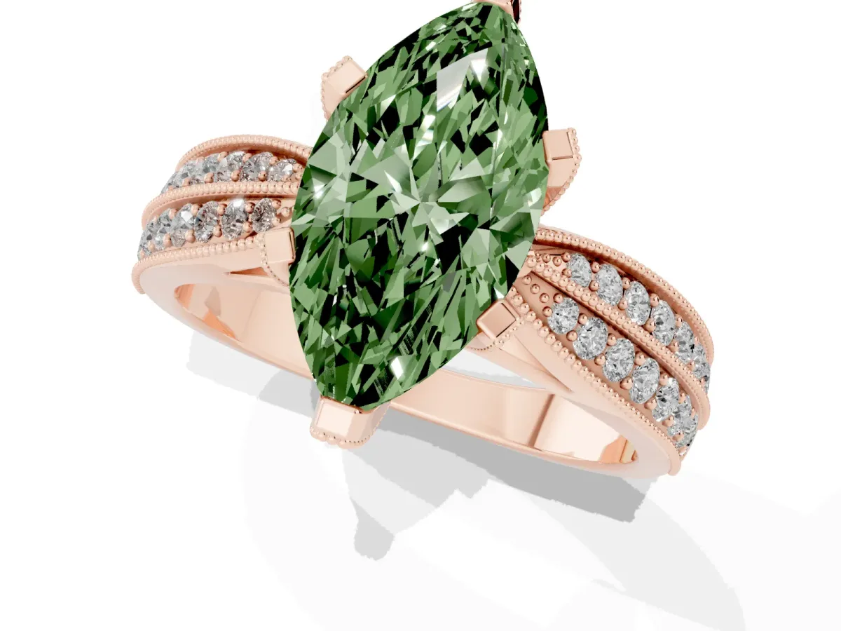 Fancy Green Marquise Cut Diamond Solitaire Ring with Milgrain Round Pavé Band and Prong Setting Rose gold