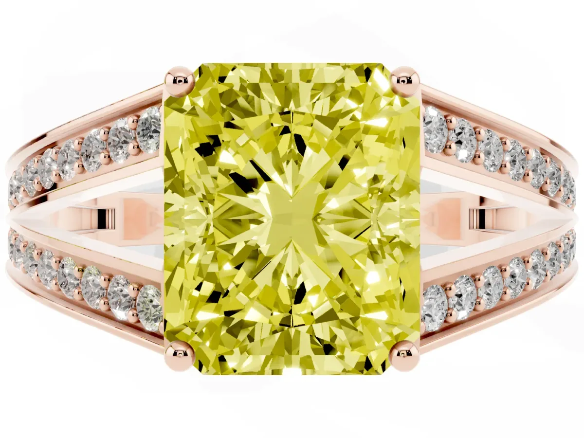 Fancy Yellow Radiant Cut Diamond Split Shank Ring with Pavé Band and Four-Prong Setting Rose gold