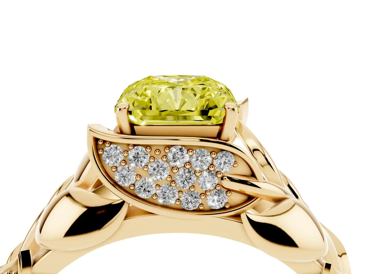 Fancy Yellow Radiant Cut Diamond Leaf-Inspired Engagement Ring with Round Accents and Prong Setting Yellow gold