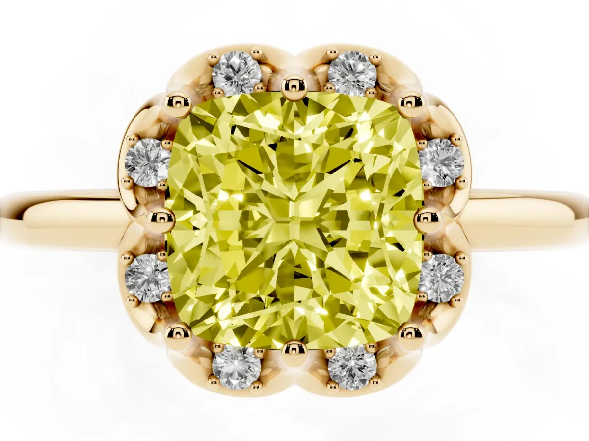 Fancy Yellow Cushion Cut Halo Diamond Ring with Round Cluster Setting, Solitaire Band, and Four-Prong Setting Yellow gold
