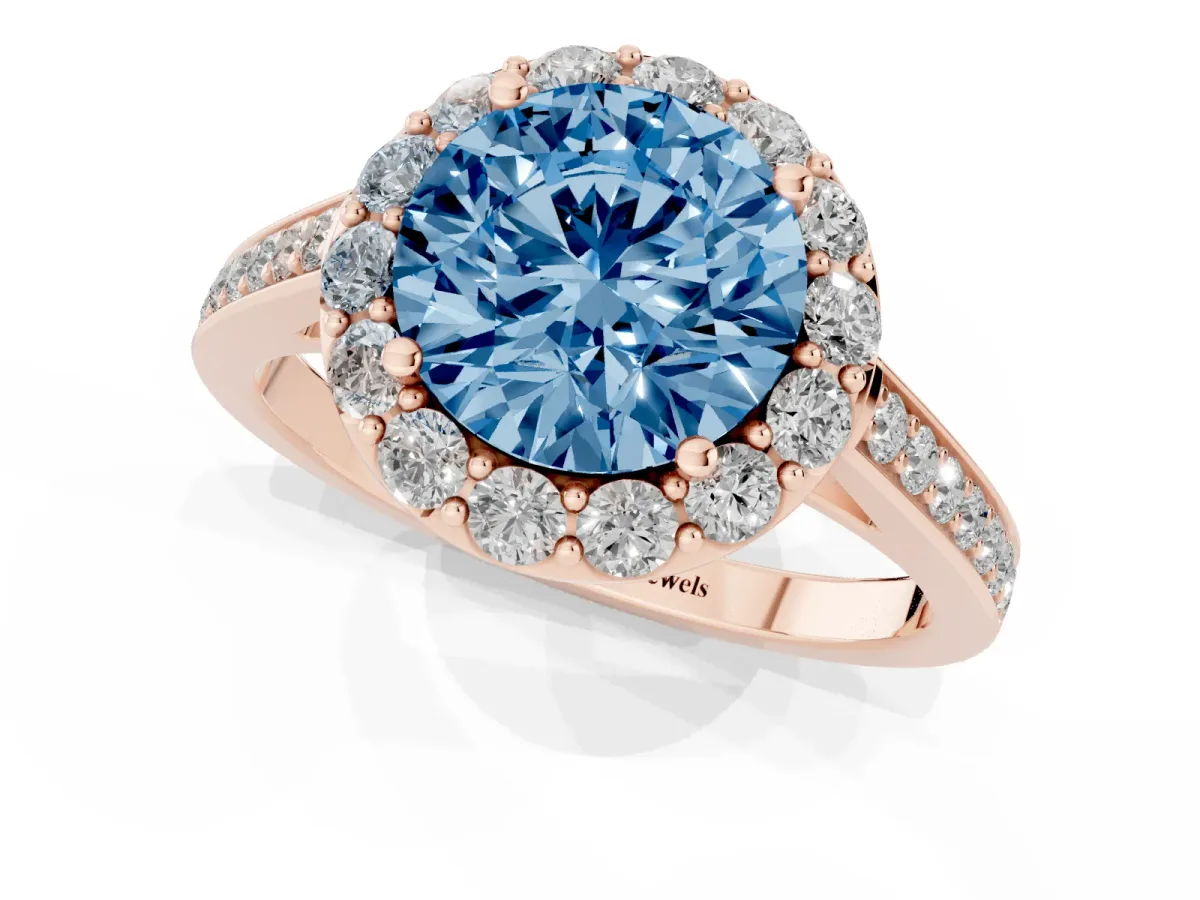 Fancy Blue Round Cut Diamond Floral Halo Ring with Pavé Band and Prong Setting Rose gold