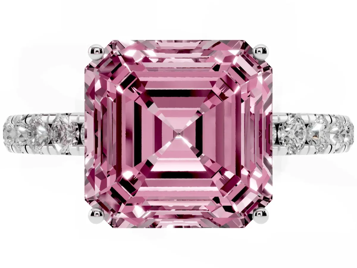 Fancy Pink Asscher Cut Diamond Pavé Solitaire Engagement Ring with Four-Prong Setting Silver