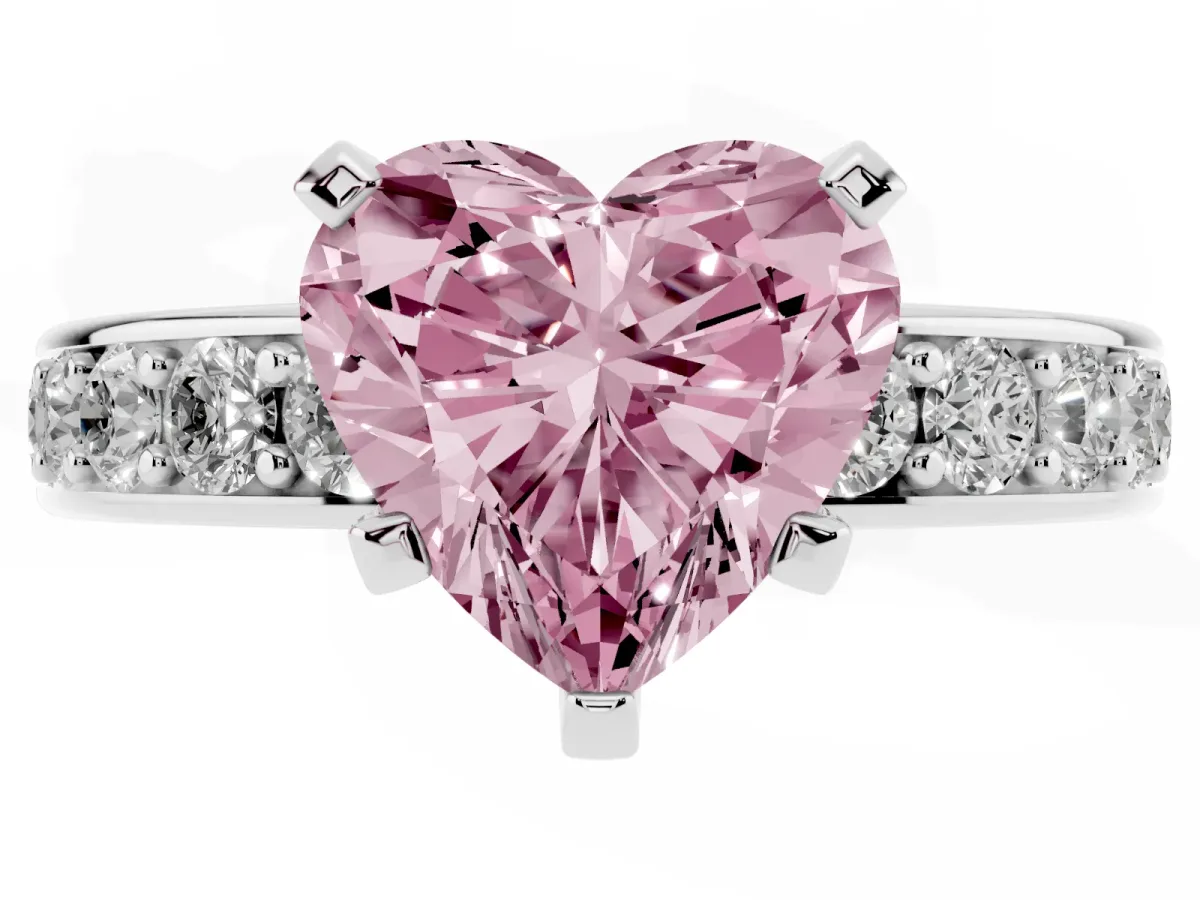 Fancy Pink Heart Cut Diamond Engagement Ring with Channel Set Round Band and Prong Setting White gold